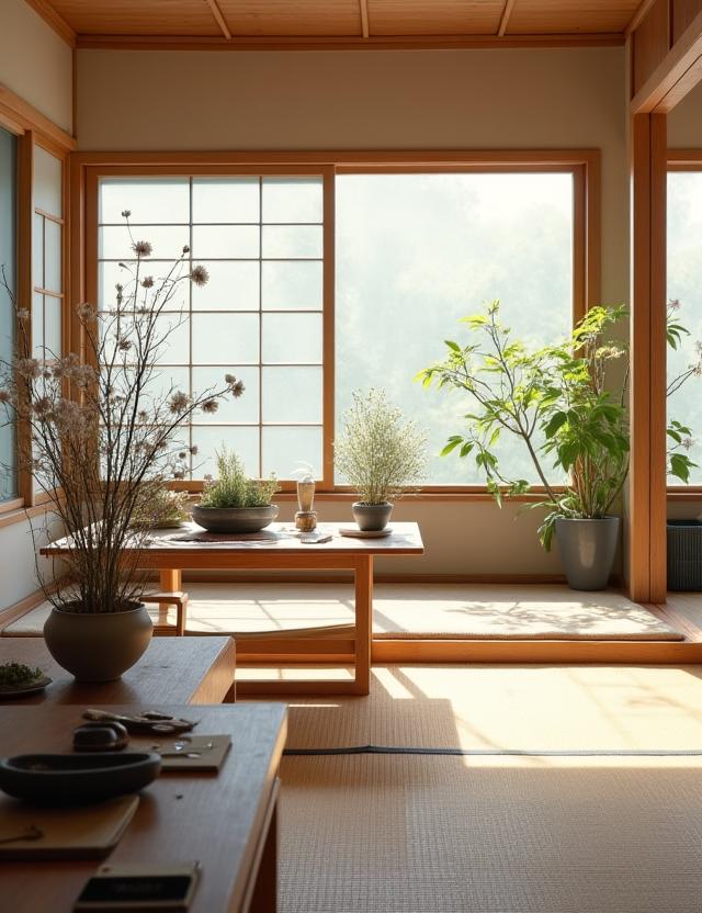 A tranquil classroom with natural light, showcasing Ikebana tools and materials neatly arranged.