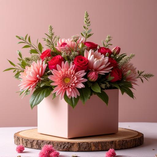 美しい季節の花々で飾られたフラワーギフトアレンジメント