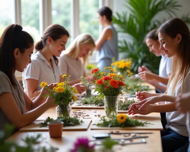 ワークショップで参加者が楽しそうに花をアレンジしている様子
